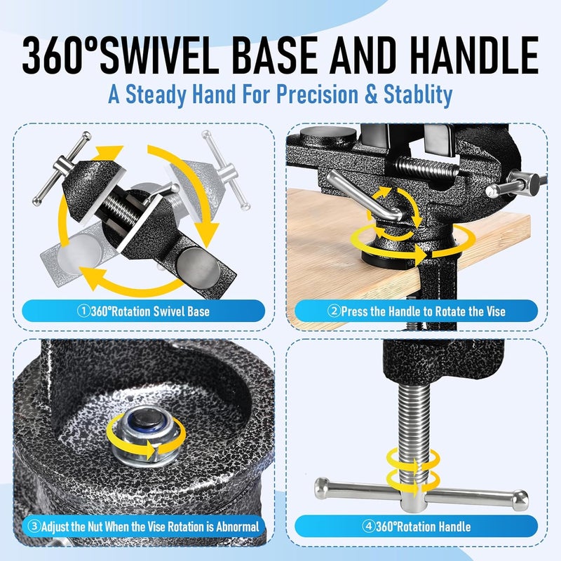 wiselifetech Bench Vise 2.5 inch Table Clamp On Vise,360° Swivel Base Heavy Duty Home Vice Bench Vise For Workbench Clamp Vise for Woodworking,Metalworking, Cutting Conduit, Drilling, Sawing - Image 3